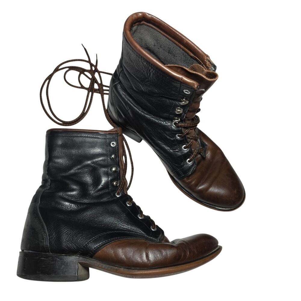 LAREDO Roper Boots Womens 7.5M Black Leather Kiltie Western Riding Lace Up USA